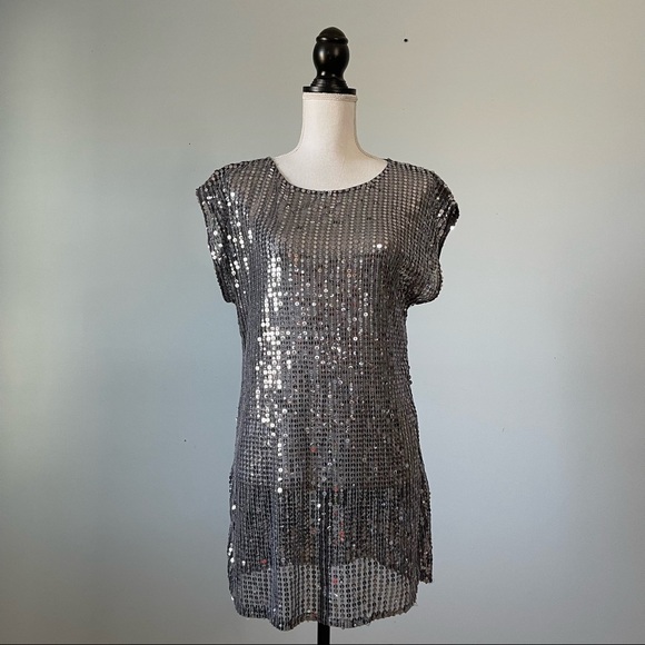 FOREVER 21 | Sheer Silver Sequins Blouse Sz M - Picture 1 of 7